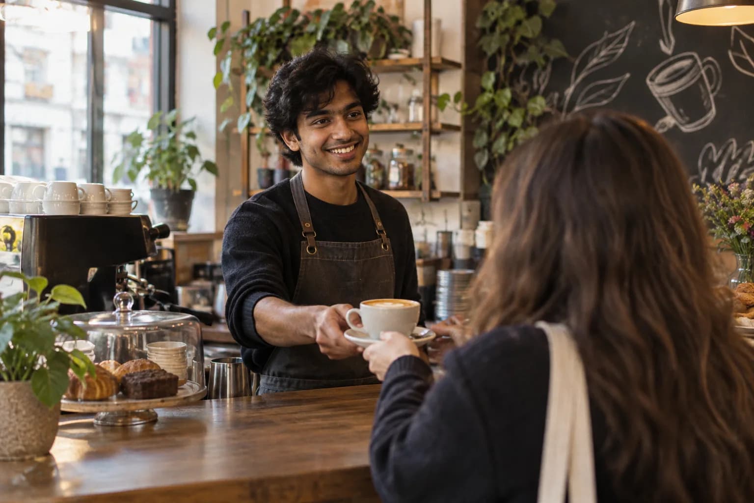 A student working a part-time shift at a café counter, handing over a coffee