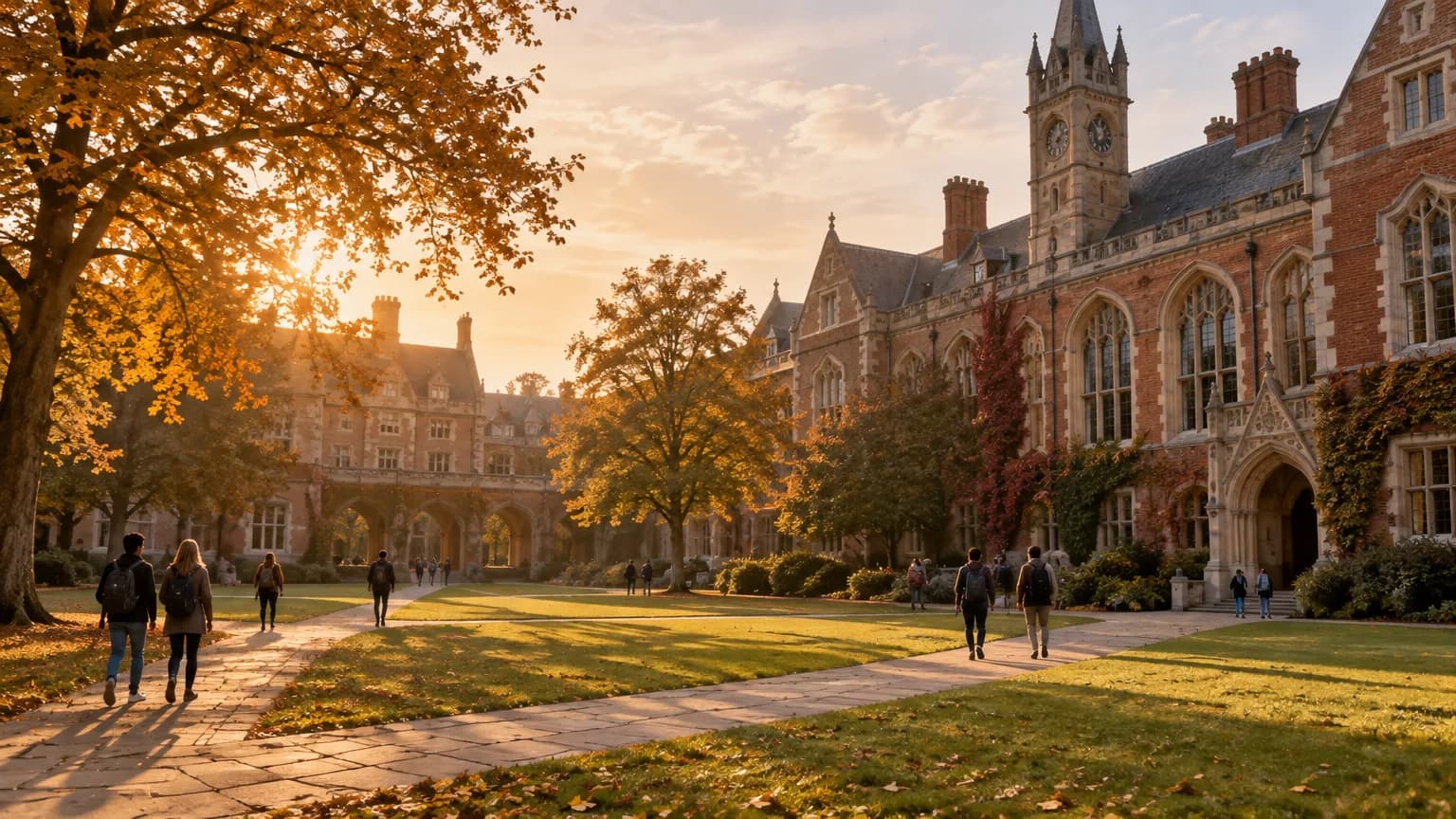 A university quad at golden hour with students walking between red-brick buildings
