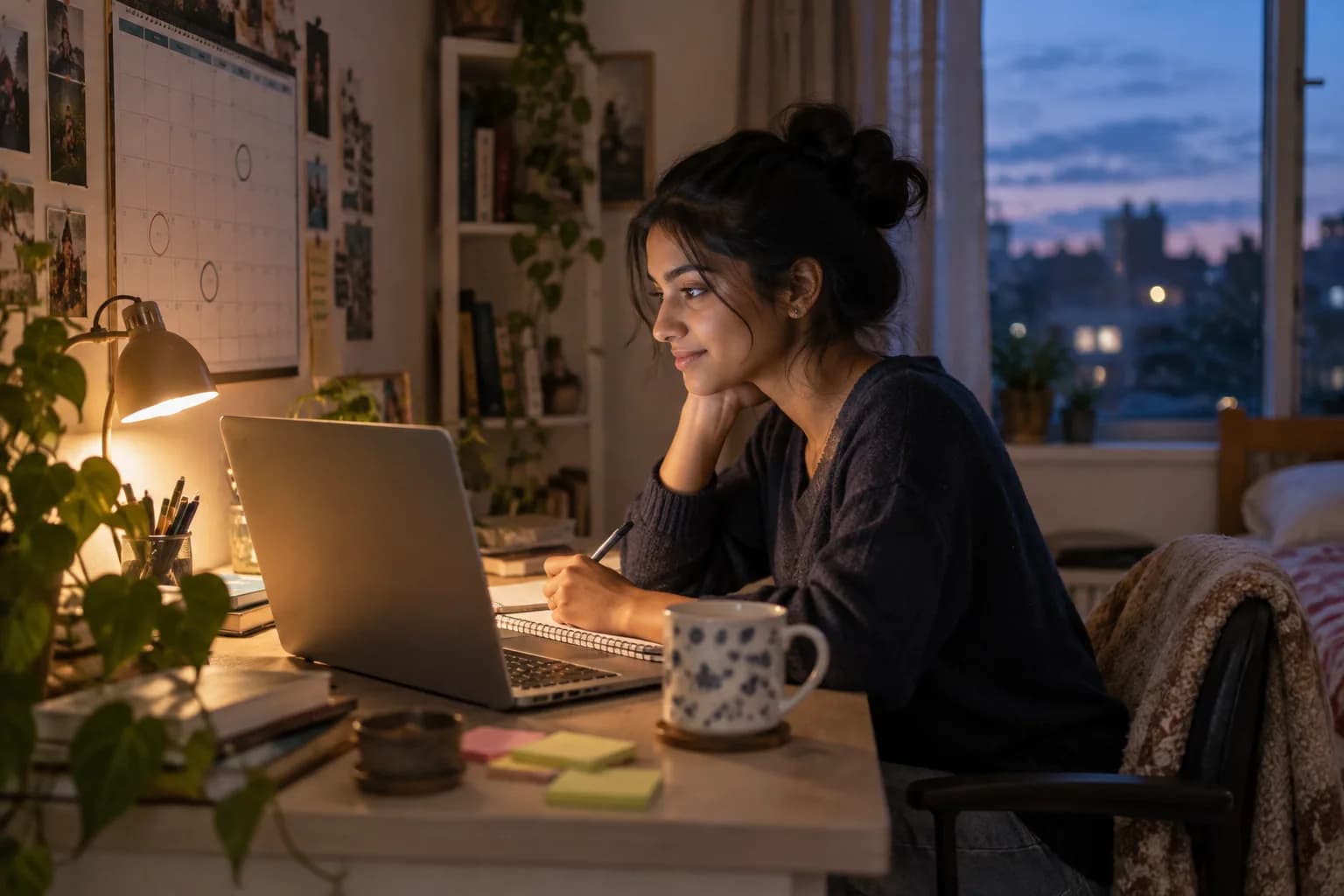 A student planning applications at a desk with a laptop and a calendar