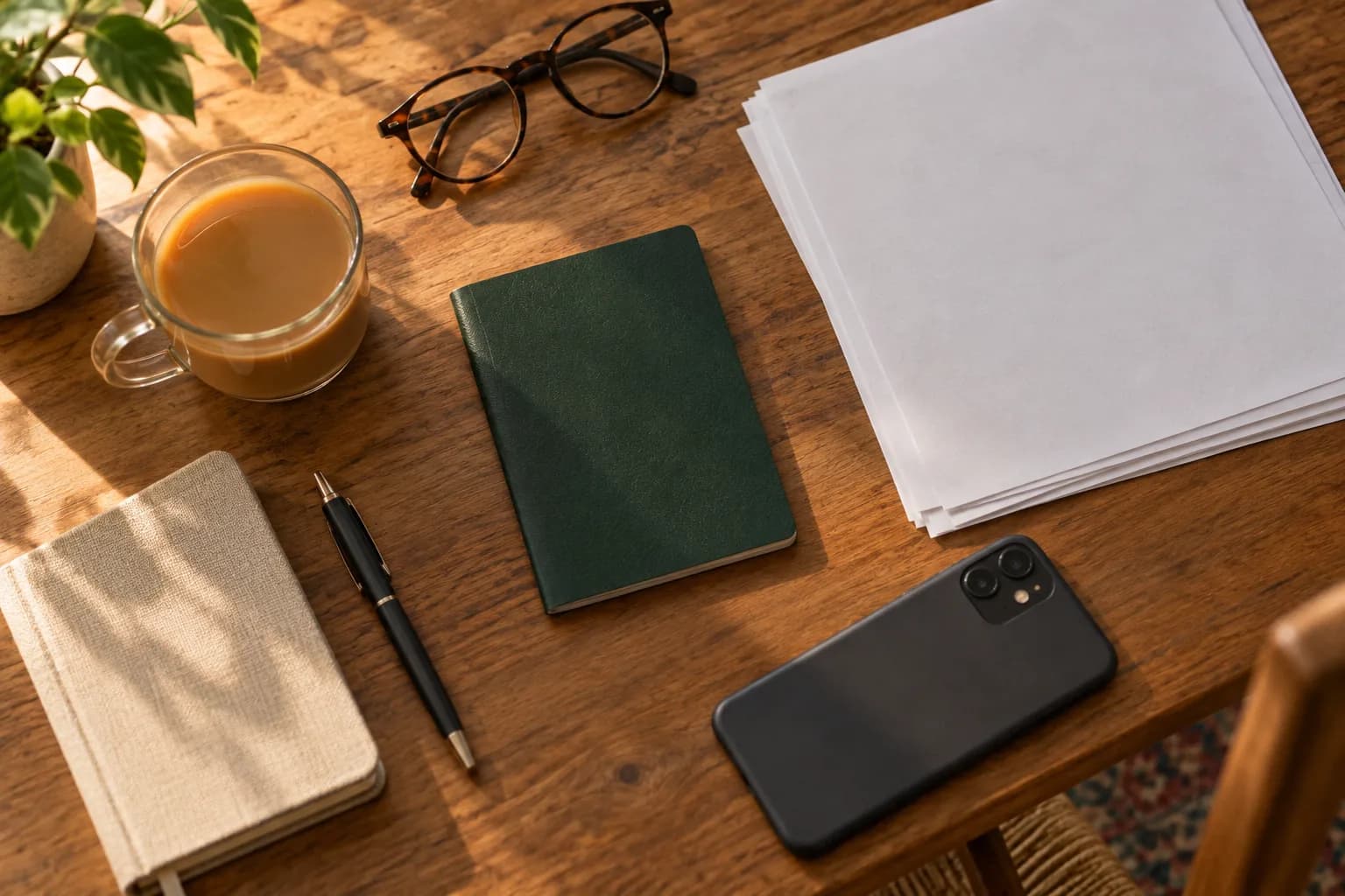 A passport, papers, a phone and a glass of tea on a wooden desk